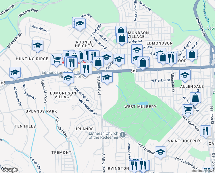 map of restaurants, bars, coffee shops, grocery stores, and more near 501 North Athol Avenue in Baltimore