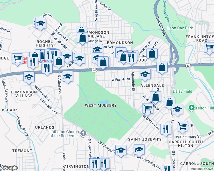 map of restaurants, bars, coffee shops, grocery stores, and more near 405 North Loudon Avenue in Baltimore