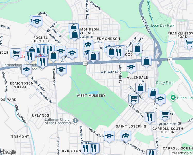 map of restaurants, bars, coffee shops, grocery stores, and more near 405 North Loudon Avenue in Baltimore