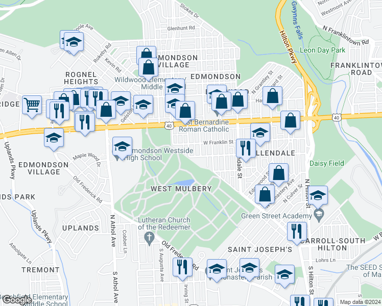 map of restaurants, bars, coffee shops, grocery stores, and more near 405 North Loudon Avenue in Baltimore