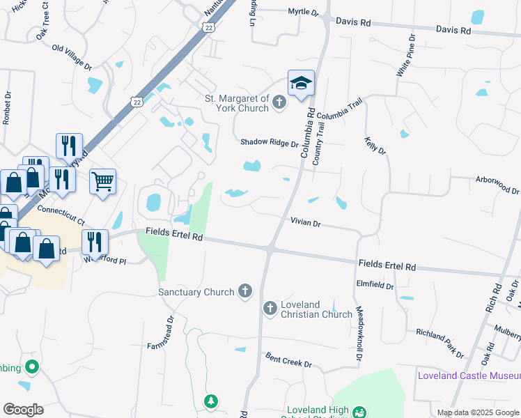 map of restaurants, bars, coffee shops, grocery stores, and more near 3288 Woodlake Court in Loveland