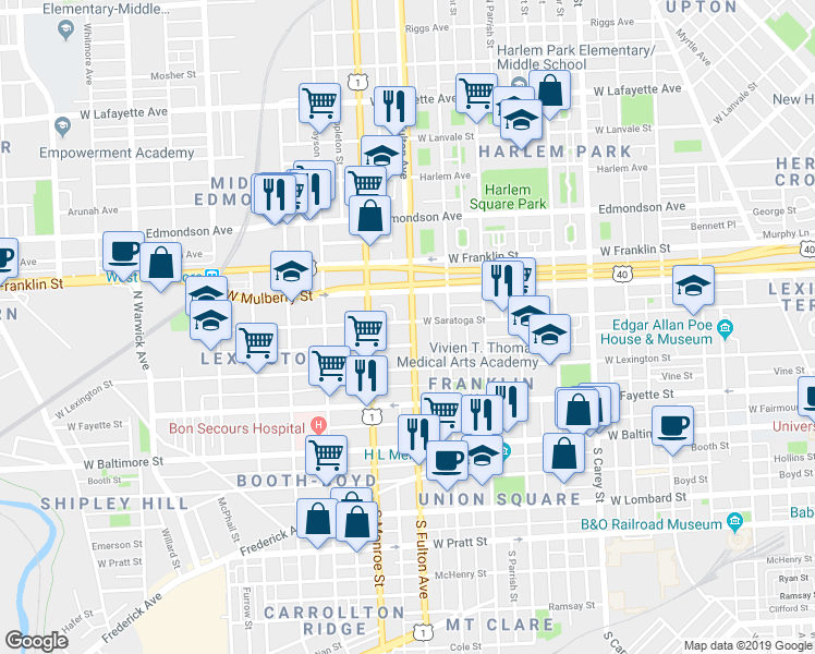 map of restaurants, bars, coffee shops, grocery stores, and more near 248 North Fulton Avenue in Baltimore