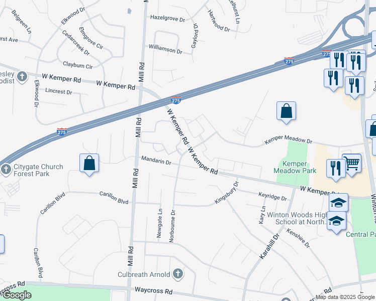 map of restaurants, bars, coffee shops, grocery stores, and more near 11755 Norbourne Drive in Cincinnati