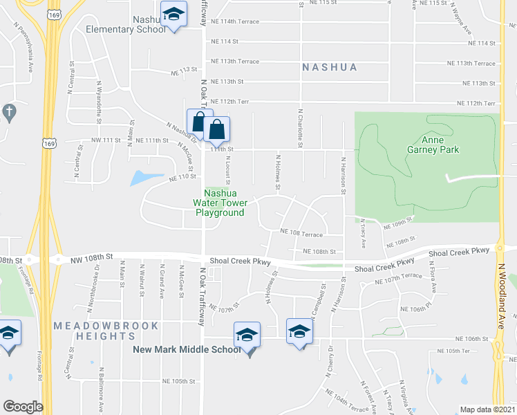 map of restaurants, bars, coffee shops, grocery stores, and more near 10714 North Kenwood Avenue in Kansas City