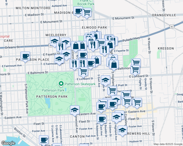 map of restaurants, bars, coffee shops, grocery stores, and more near 5 South Ellwood Avenue in Baltimore