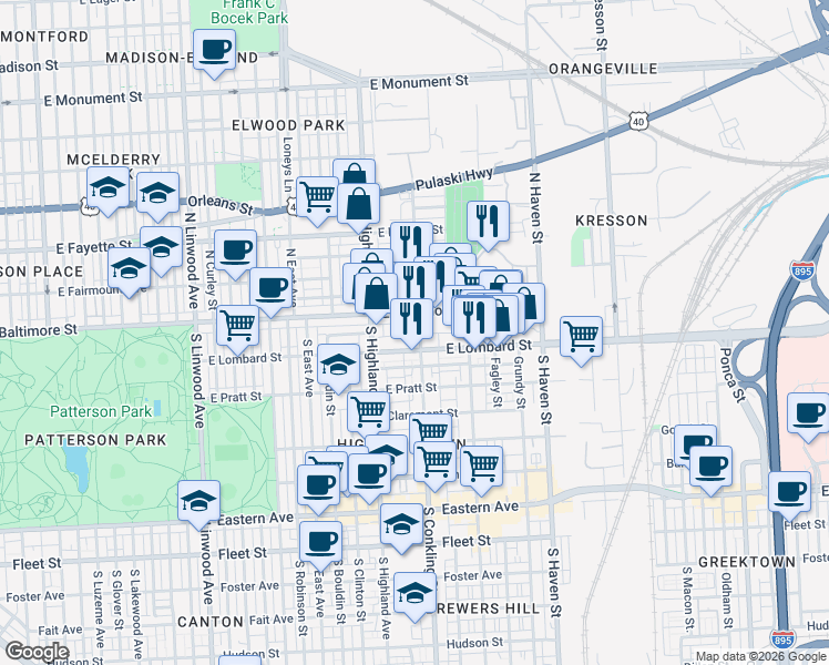 map of restaurants, bars, coffee shops, grocery stores, and more near 16 South Conkling Street in Baltimore