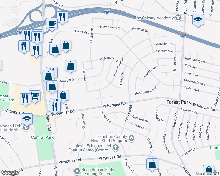 map of restaurants, bars, coffee shops, grocery stores, and more near 975 Halesworth Drive in Cincinnati