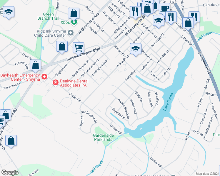 map of restaurants, bars, coffee shops, grocery stores, and more near 412 Kates Way in Smyrna
