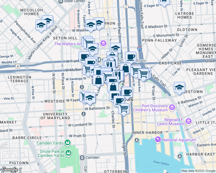 map of restaurants, bars, coffee shops, grocery stores, and more near 222 North Charles Street in Baltimore
