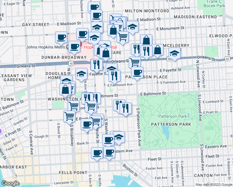 map of restaurants, bars, coffee shops, grocery stores, and more near 2042 East Baltimore Street in Baltimore
