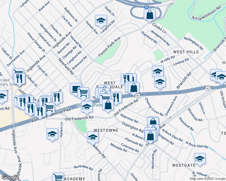 map of restaurants, bars, coffee shops, grocery stores, and more near 5425 Whitlock Road in Baltimore