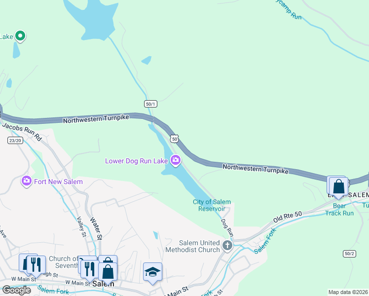 map of restaurants, bars, coffee shops, grocery stores, and more near Northwestern Turnpike in Salem