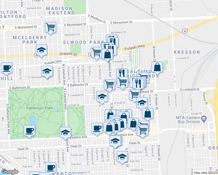 map of restaurants, bars, coffee shops, grocery stores, and more near 8 South Highland Avenue in Baltimore