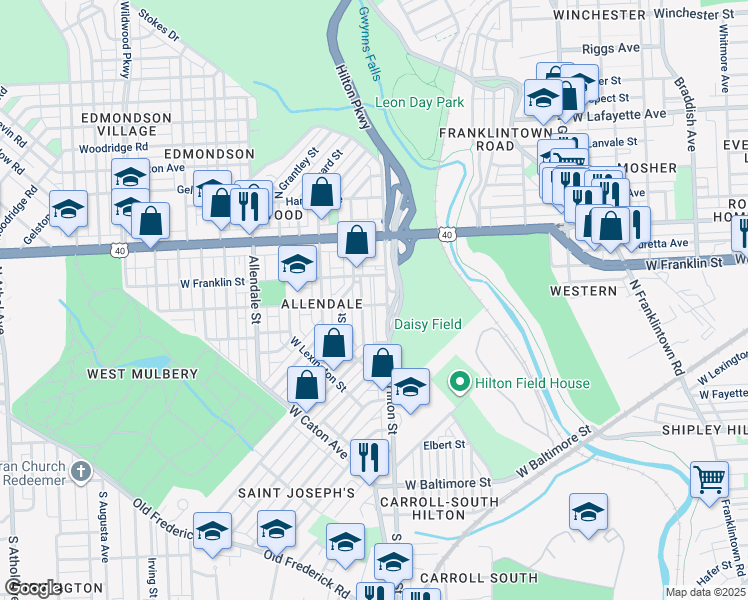 map of restaurants, bars, coffee shops, grocery stores, and more near 3300 West Mulberry Street in Baltimore
