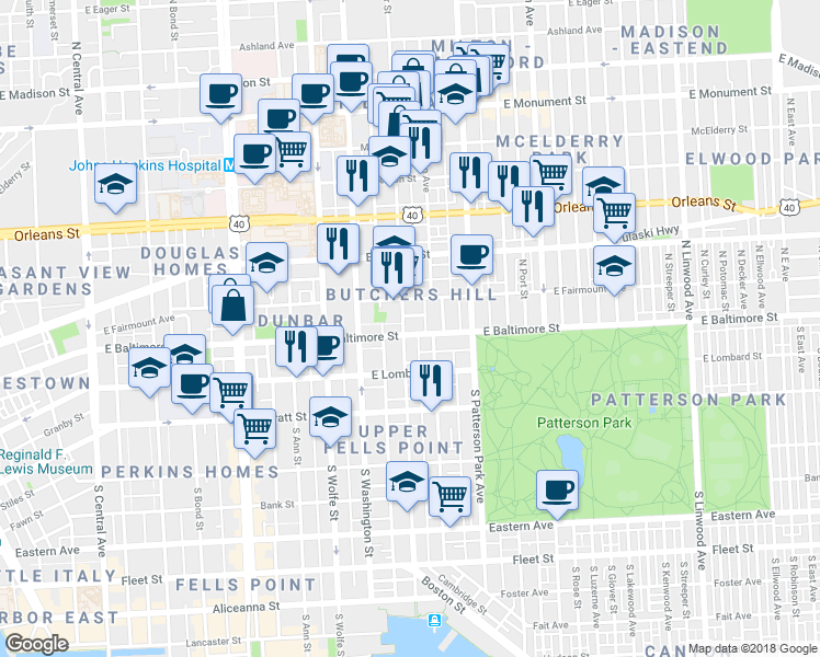 map of restaurants, bars, coffee shops, grocery stores, and more near 2102 East Baltimore Street in Baltimore