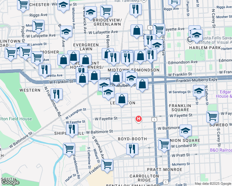 map of restaurants, bars, coffee shops, grocery stores, and more near 2218 West Saratoga Street in Baltimore
