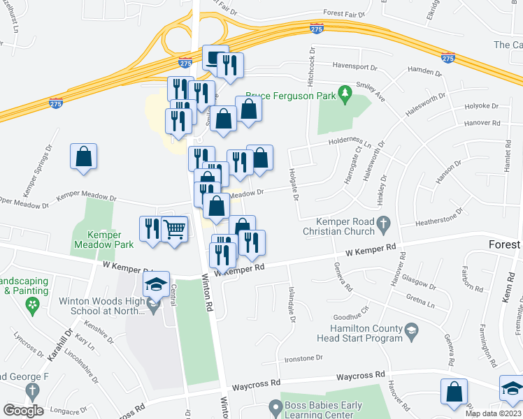 map of restaurants, bars, coffee shops, grocery stores, and more near 1075 Kemper Meadow Drive in Cincinnati