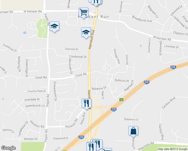map of restaurants, bars, coffee shops, grocery stores, and more near 11620 Hamilton Avenue in Cincinnati