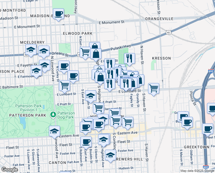 map of restaurants, bars, coffee shops, grocery stores, and more near 3434 Leverton Avenue in Baltimore