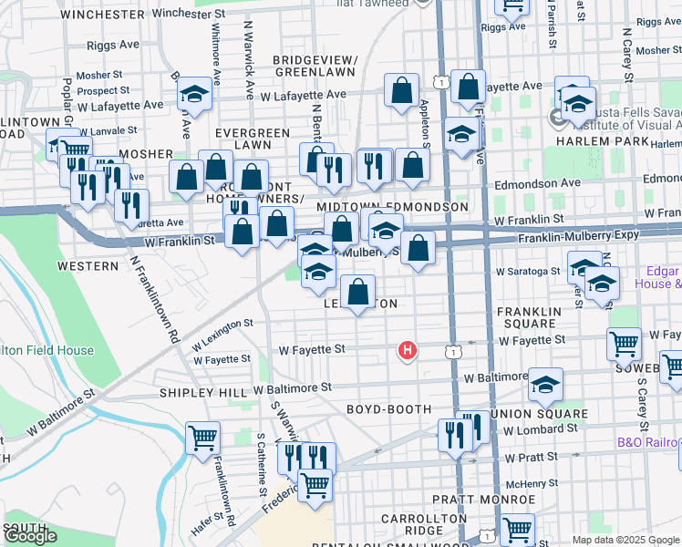 map of restaurants, bars, coffee shops, grocery stores, and more near 2218 West Saratoga Street in Baltimore