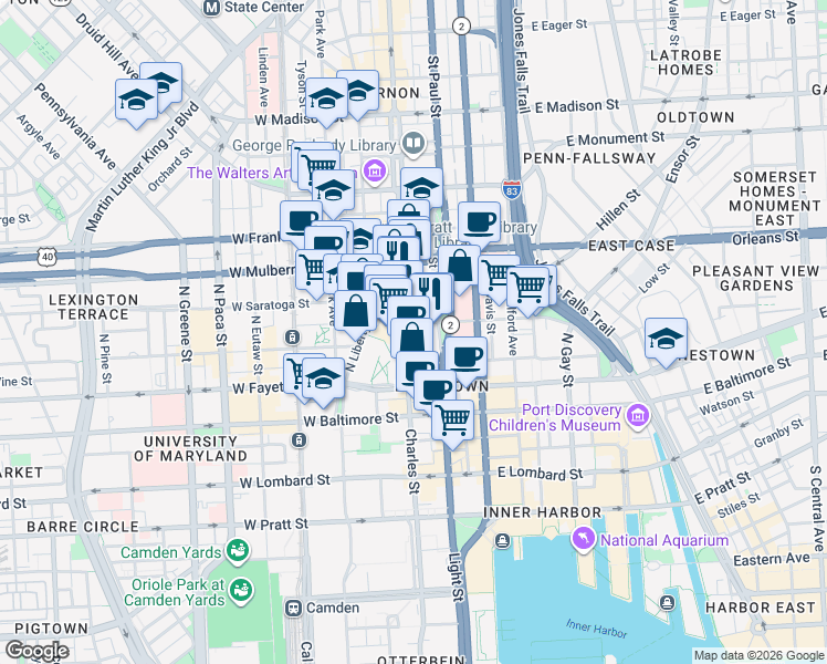 map of restaurants, bars, coffee shops, grocery stores, and more near 233 North Charles Street in Baltimore