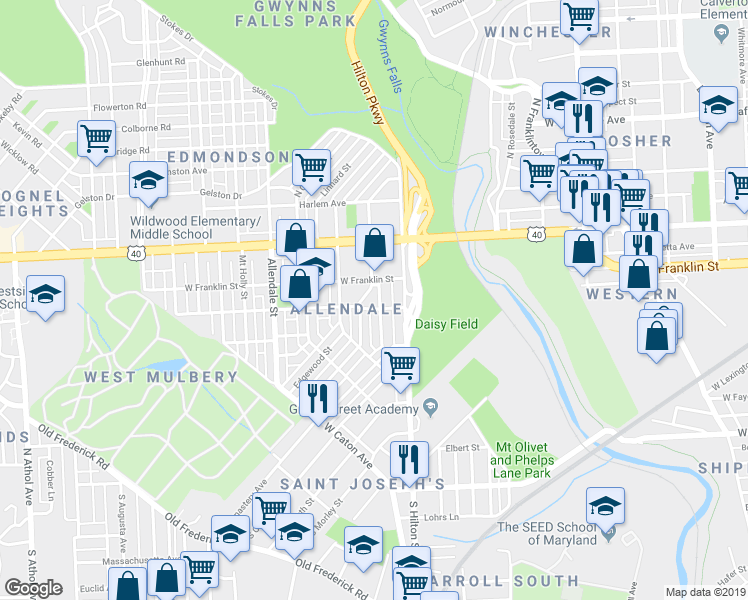 map of restaurants, bars, coffee shops, grocery stores, and more near 408 Gwynn Avenue in Baltimore
