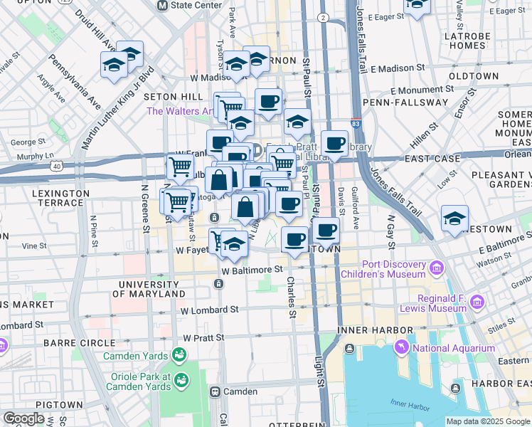map of restaurants, bars, coffee shops, grocery stores, and more near 351 West Camden Street in Baltimore