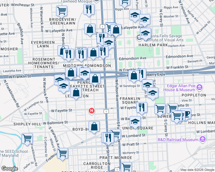map of restaurants, bars, coffee shops, grocery stores, and more near 101 Independence Avenue Southeast in Washington
