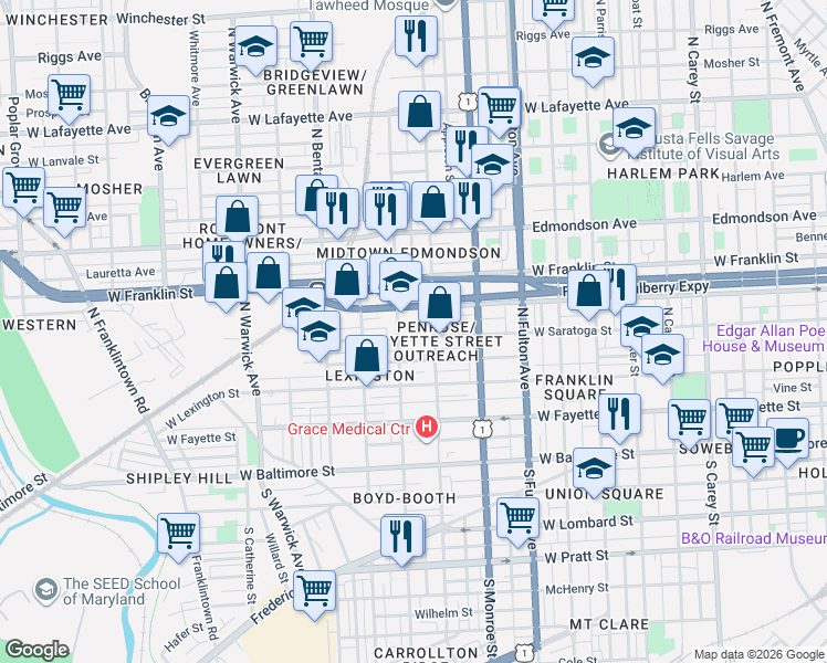 map of restaurants, bars, coffee shops, grocery stores, and more near 301 North Pulaski Street in Baltimore