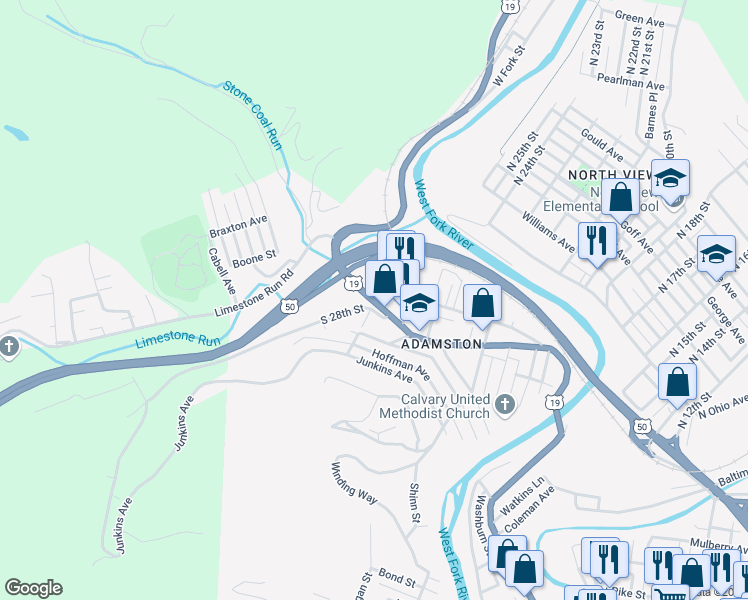 map of restaurants, bars, coffee shops, grocery stores, and more near 1740 Adams Avenue in Clarksburg