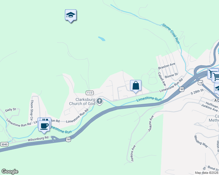 map of restaurants, bars, coffee shops, grocery stores, and more near 150 Layfield Lane in Clarksburg