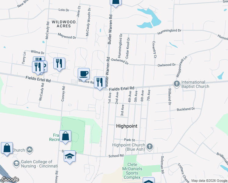 map of restaurants, bars, coffee shops, grocery stores, and more near 7741 Fields Ertel Road in Cincinnati