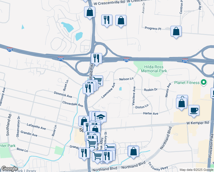 map of restaurants, bars, coffee shops, grocery stores, and more near 323 Princewood Court in Cincinnati