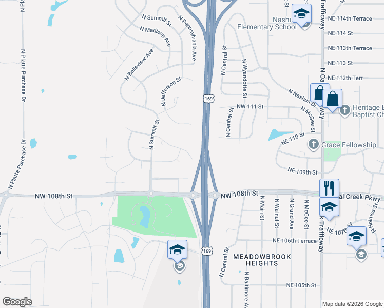 map of restaurants, bars, coffee shops, grocery stores, and more near 712 Northwest 110th Street in Kansas City