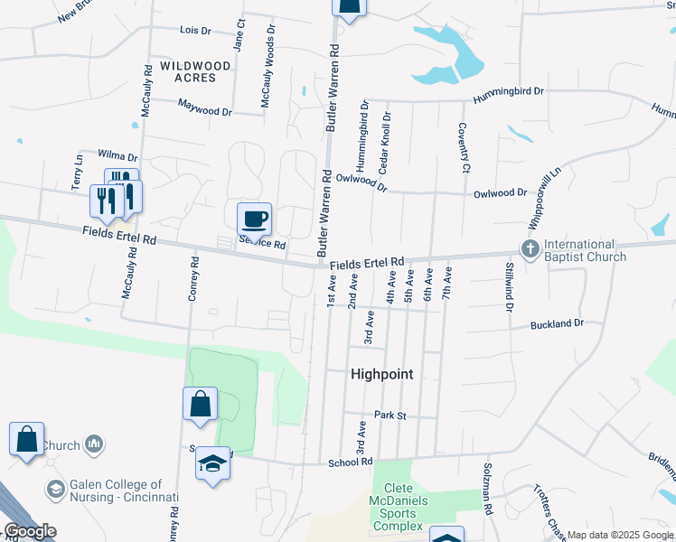 map of restaurants, bars, coffee shops, grocery stores, and more near 7741 Fields Ertel Road in Cincinnati