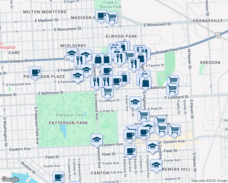 map of restaurants, bars, coffee shops, grocery stores, and more near 3033 East Baltimore Street in Baltimore