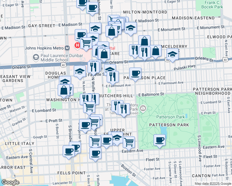 map of restaurants, bars, coffee shops, grocery stores, and more near N Chester St & Moyer St in Baltimore