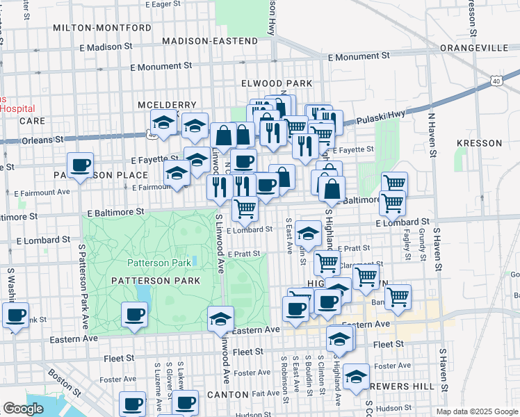 map of restaurants, bars, coffee shops, grocery stores, and more near 3033 East Baltimore Street in Baltimore