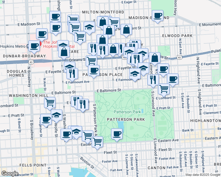 map of restaurants, bars, coffee shops, grocery stores, and more near 2426 East Baltimore Street in Baltimore