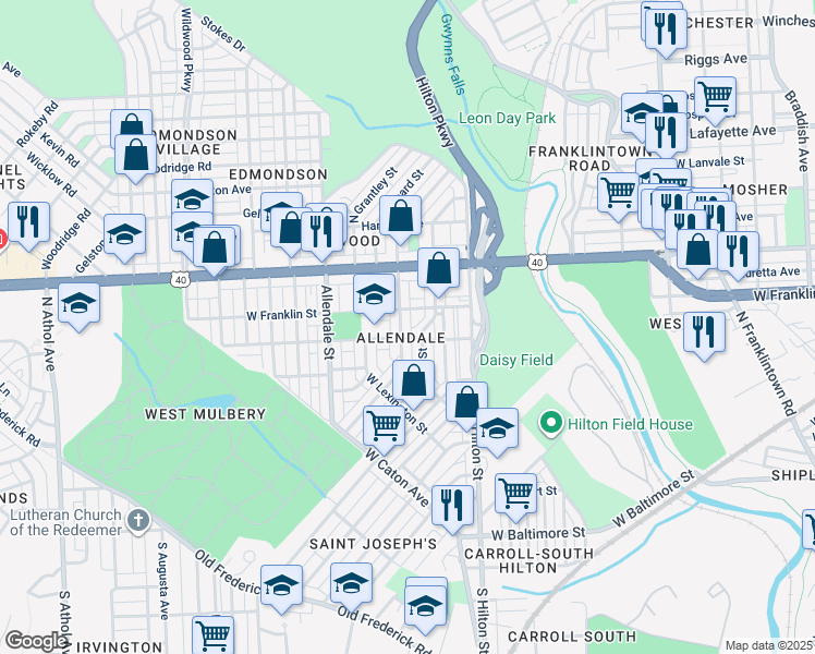 map of restaurants, bars, coffee shops, grocery stores, and more near 409 Edgewood Street in Baltimore