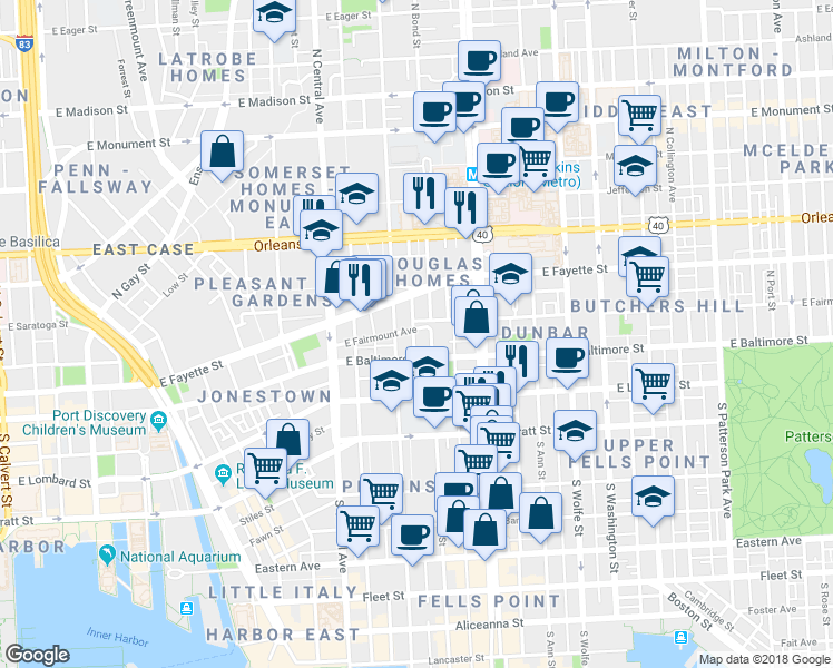 map of restaurants, bars, coffee shops, grocery stores, and more near 1519 East Fairmount Avenue in Baltimore