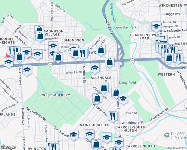 map of restaurants, bars, coffee shops, grocery stores, and more near 3510 West Mulberry Street in Baltimore