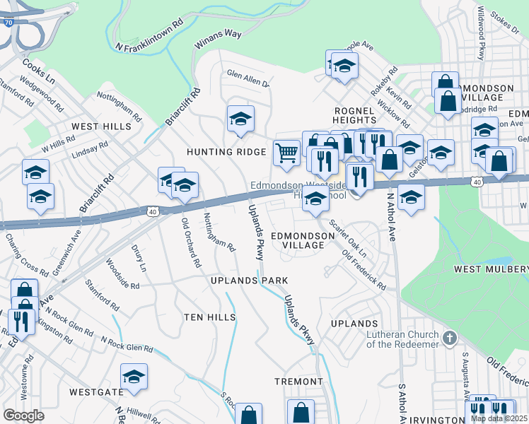 map of restaurants, bars, coffee shops, grocery stores, and more near 4627 Edmondson Avenue in Baltimore
