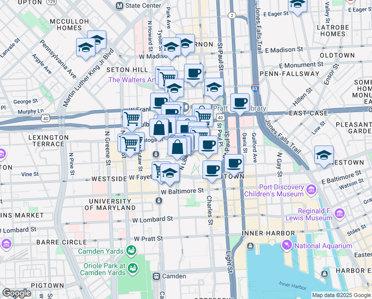 map of restaurants, bars, coffee shops, grocery stores, and more near 216 North Liberty Street in Baltimore