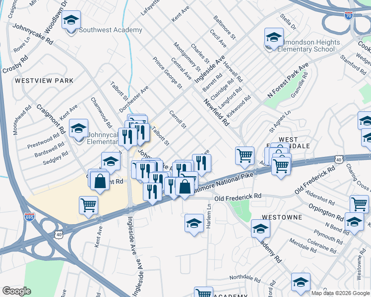 map of restaurants, bars, coffee shops, grocery stores, and more near 1117 McAdoo Avenue in Woodlawn