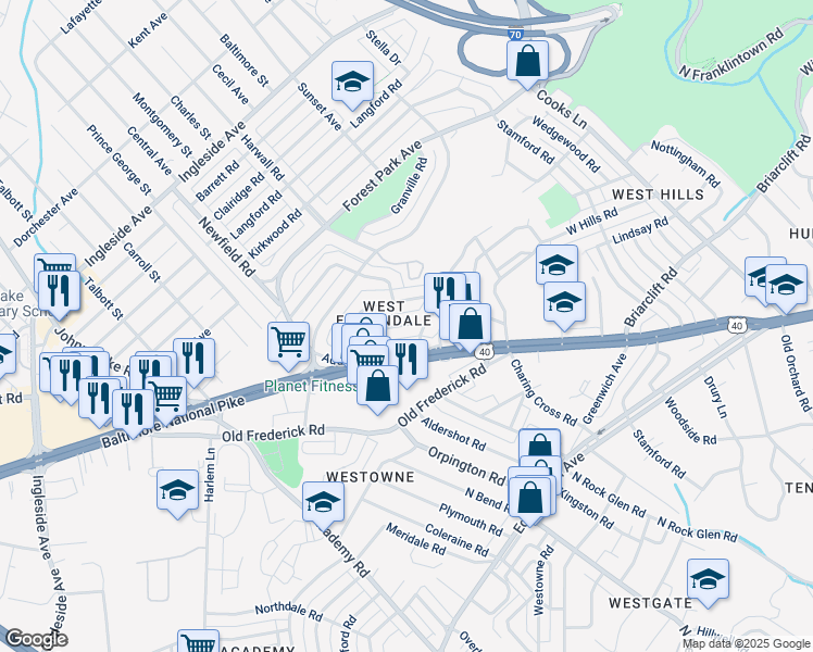 map of restaurants, bars, coffee shops, grocery stores, and more near 5425 Whitlock Road in Baltimore
