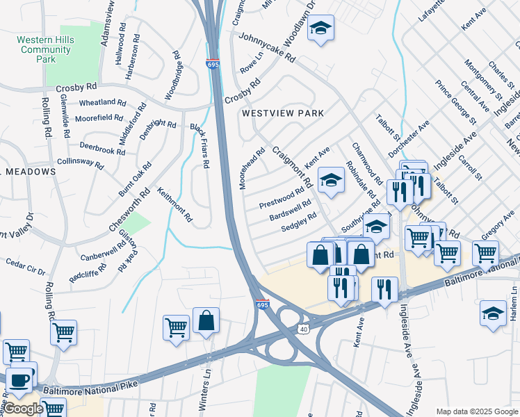 map of restaurants, bars, coffee shops, grocery stores, and more near 923 Prestwood Road in Catonsville