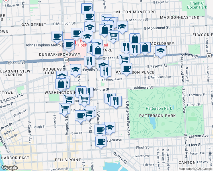 map of restaurants, bars, coffee shops, grocery stores, and more near 8 North Chester Street in Baltimore