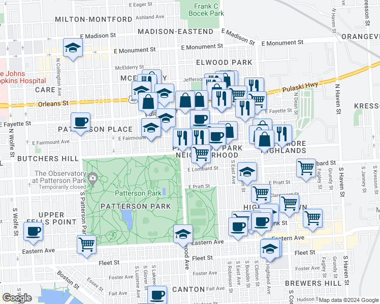 map of restaurants, bars, coffee shops, grocery stores, and more near E Baltimore St & N Curley St in Baltimore