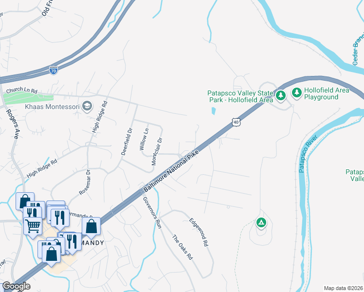 map of restaurants, bars, coffee shops, grocery stores, and more near 8176 Baltimore National Pike in Ellicott City